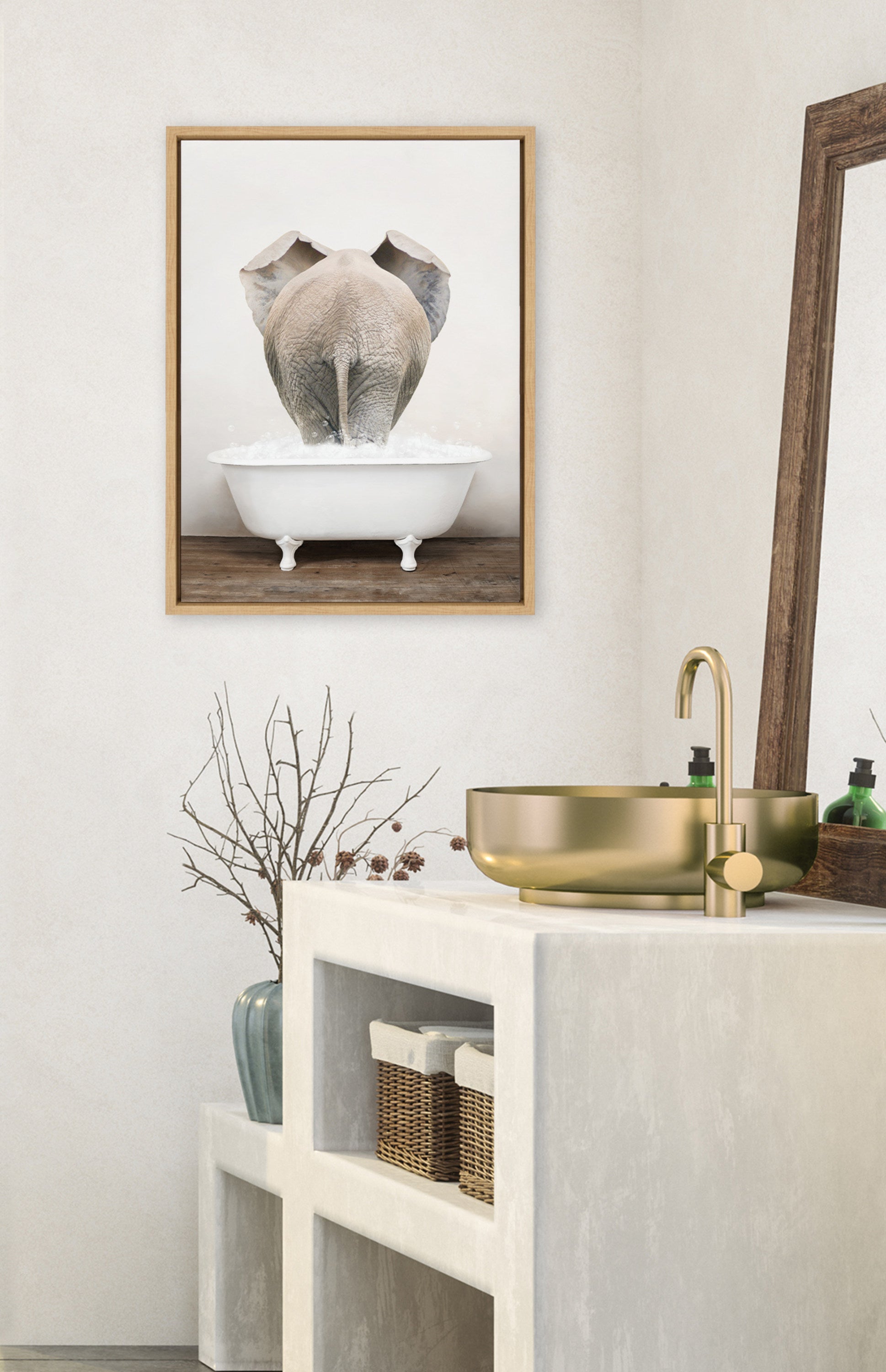 Sylvie Elephant Back in Rustic Bath Framed Canvas by kateandlaurel - product image 10 for Resin Society