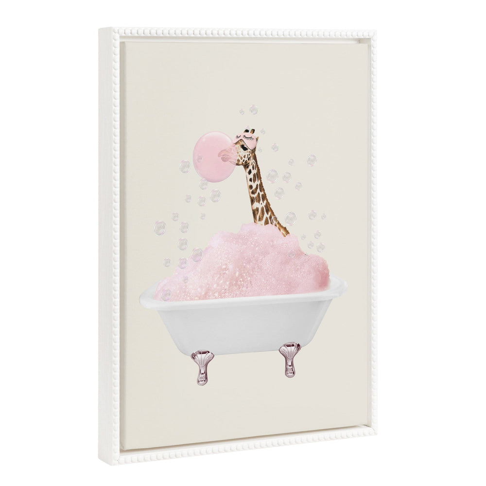 Sylvie Beaded Giraffe Taking a Bath framed canvas art showing a whimsical giraffe in a bath with beaded vintage frame