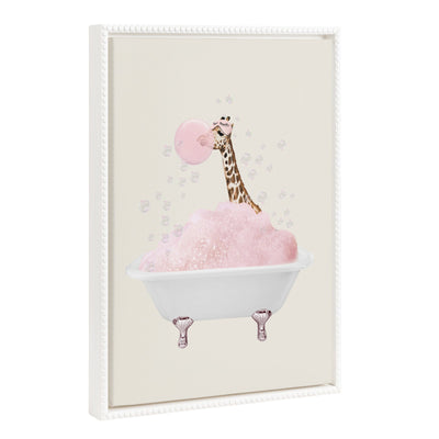 Sylvie Beaded Giraffe Taking a Bath framed canvas art showing a whimsical giraffe in a bath with beaded vintage frame