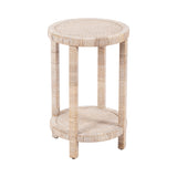 Small round side table with woven wicker top and lower shelf, supported by four cylindrical wicker-wrapped legs in natural beige tones.