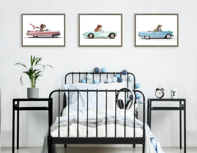 Sylvie T Rex Driving 1957 Aqua Chevy Framed Canvas by Saint and Sailor Studios