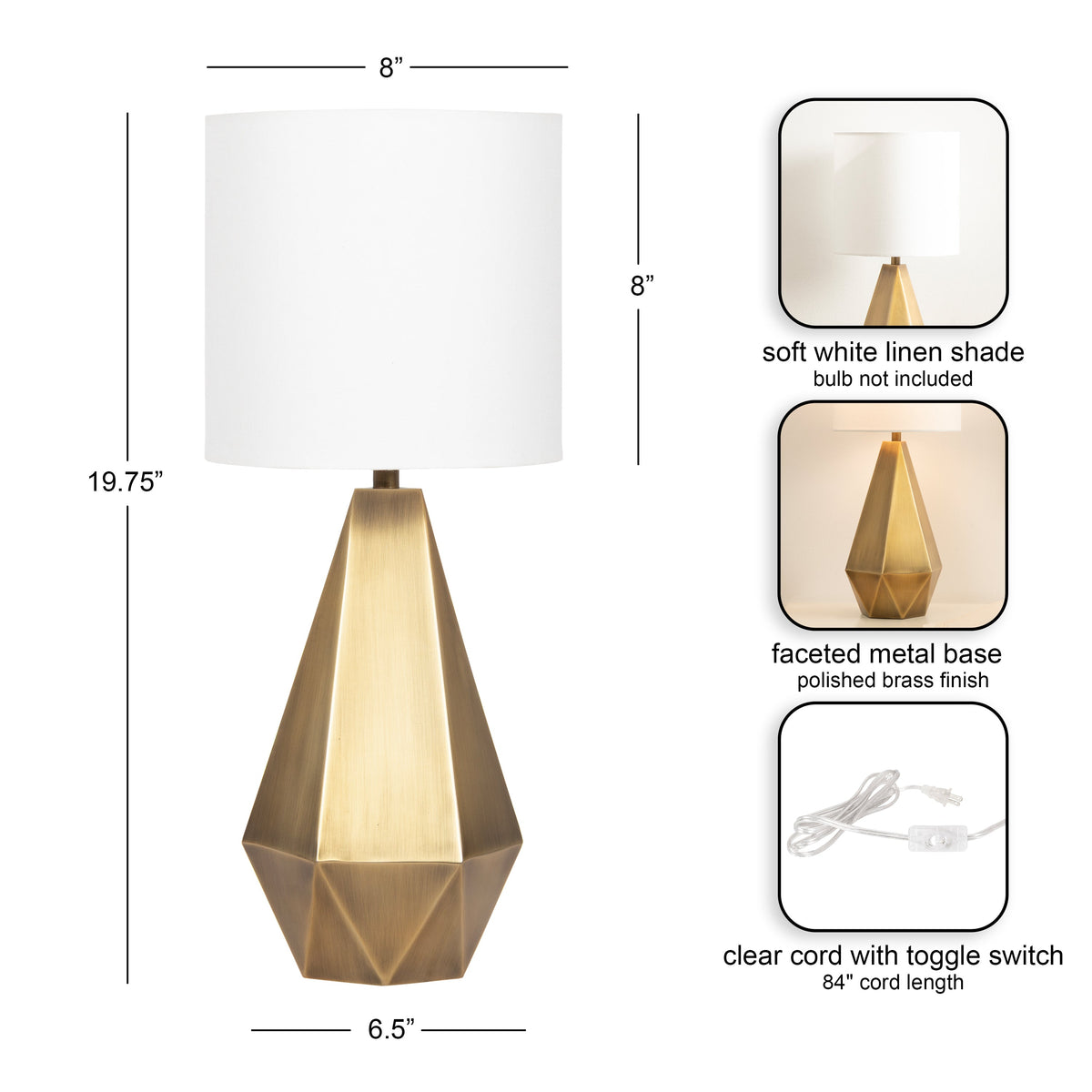 Geometric faceted metal table lamp base with polished brass finish topped by a soft white linen cylindrical shade, shown with dimensions and clear cord with toggle switch.
