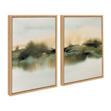 Two framed canvas artworks featuring abstract, soft green, brown, and beige watercolor landscapes with blurred reflections and misty horizons.