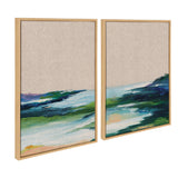 Two framed canvas panels featuring abstract lake and shoreline scenes in blue, green, and purple tones on a neutral linen background, arranged side by side.