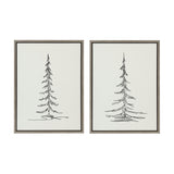 Two minimalistic black line sketches of evergreen trees on white canvases, each framed in thin dark wood frames, showing different stylized tree shapes.