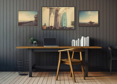 Sylvie House on Beach, Surfboards and Surfers Framed Canvas Art Set by Saint and Sailor Studios