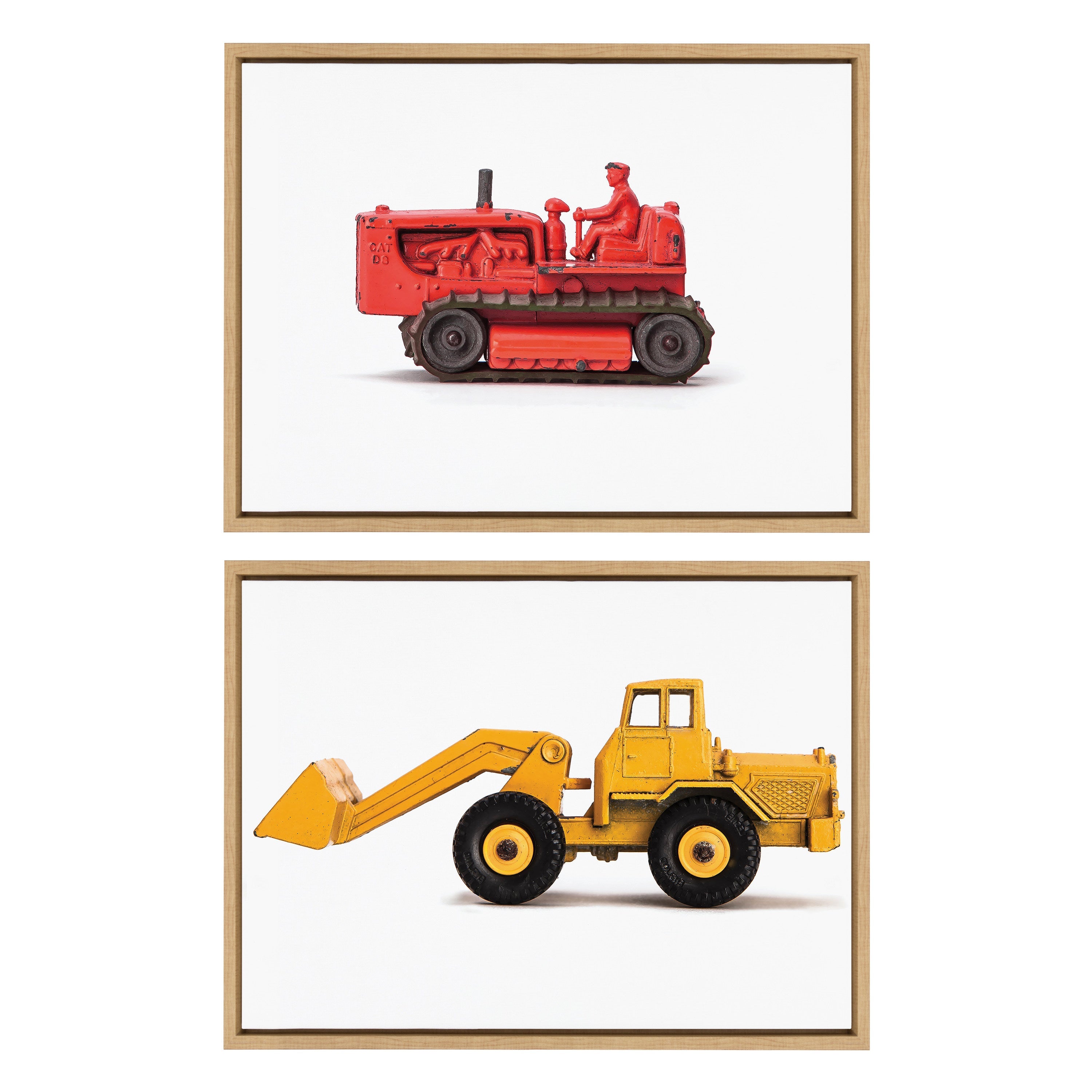 Sylvie Vintage Toy Bulldozer Red and Vintage Toy Front End Loader Yellow Framed Canvas Art Set by Saint and Sailor Studios