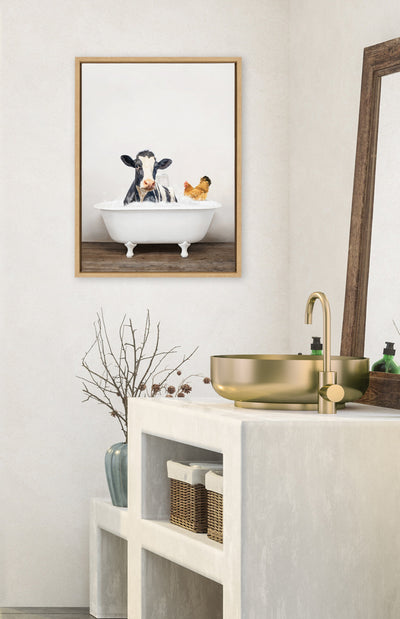 Sylvie Cow and Chicken in Rustic Bath Framed Canvas