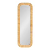 Tall rectangular wall mirror with rounded corners and a textured, honey-colored wooden frame featuring horizontal grooves.