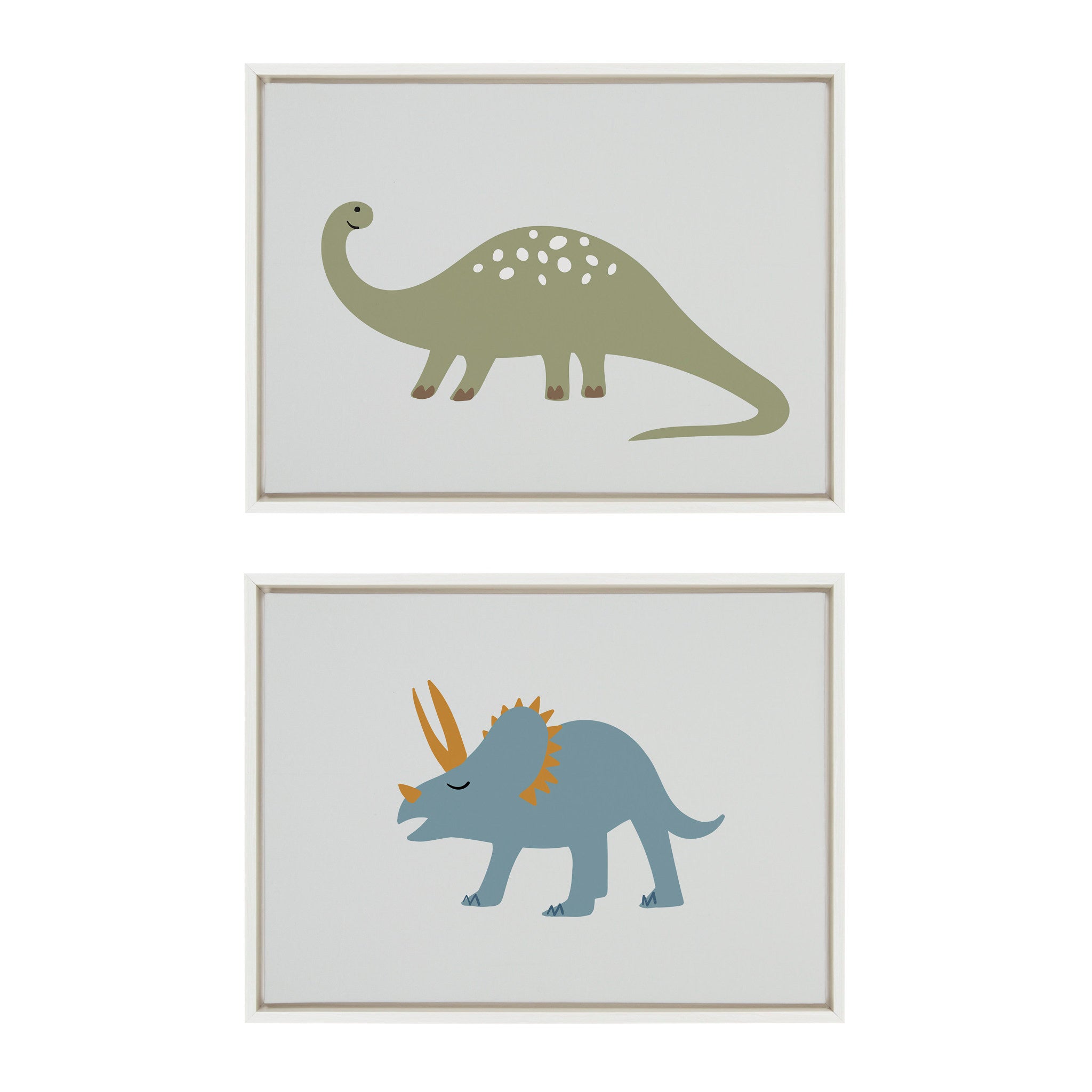 Framed canvas art set with Brontosaurus and Triceratops dinosaur prints by Teju Reval