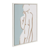 Minimalist line art of a nude figure in tan against a teal and white background, framed in a thin white border and displayed at an angle.