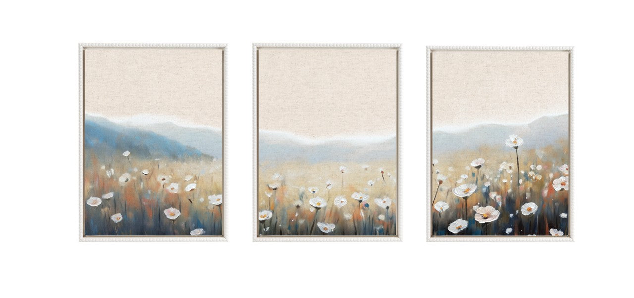 Framed canvas art set depicting soft painterly summer meadows with wildflowers and greenery