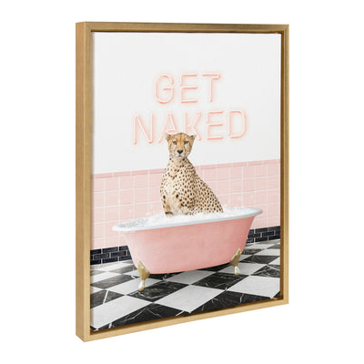 Framed canvas art depicting a cheetah enjoying a retro pink bathtub against a neutral background