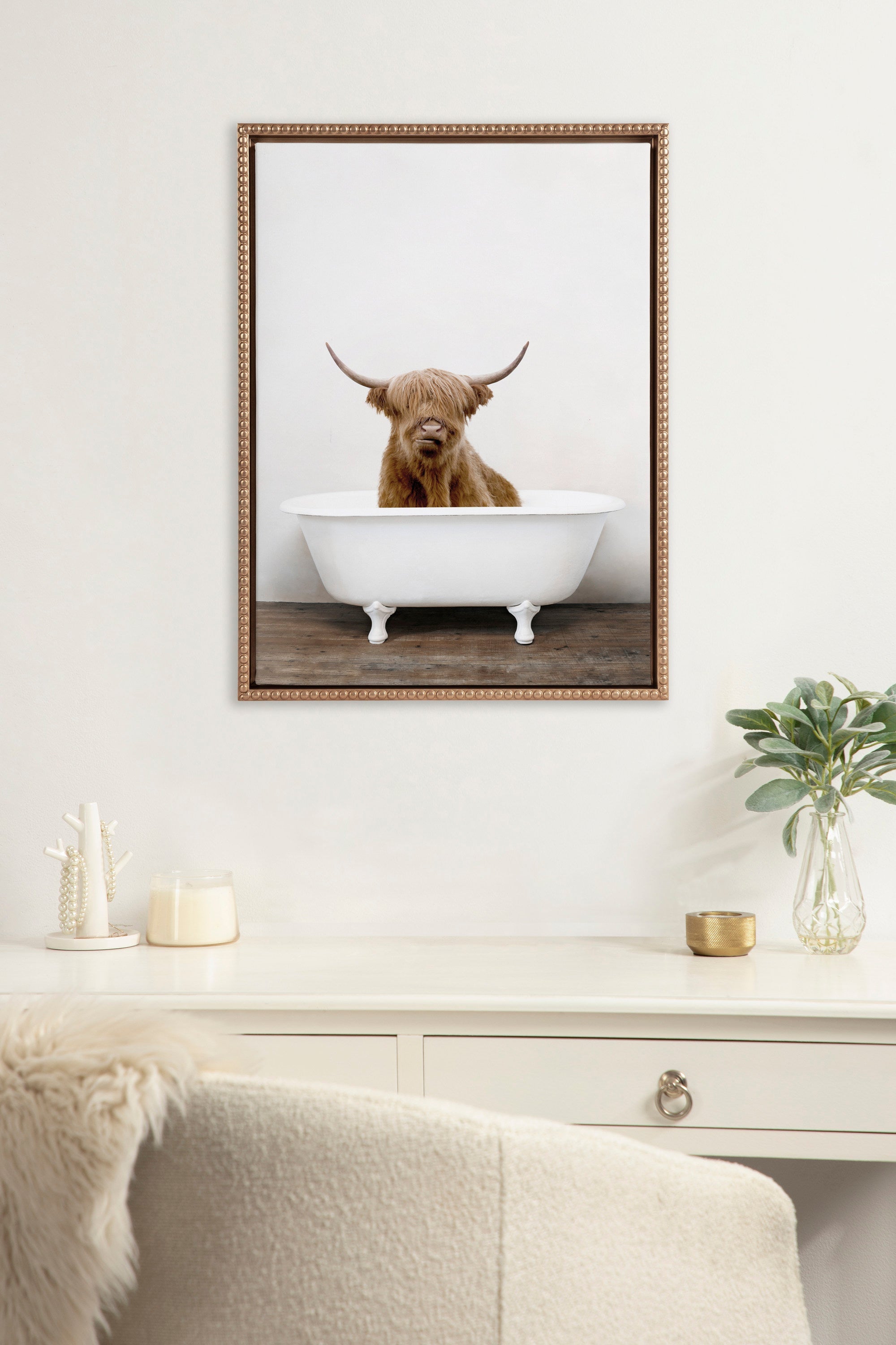 Sylvie Beaded Highland Cow in the Tub Color Framed Canvas by Amy Peterson