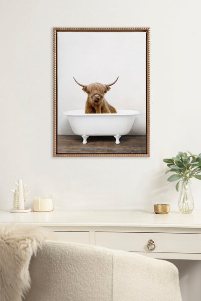 Sylvie Beaded Highland Cow in the Tub Color Framed Canvas by Amy Peterson