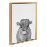 Portrait of a fluffy gray calf facing forward on a white textured background, framed in a light wood frame, showcasing soft fur details and gentle eyes.