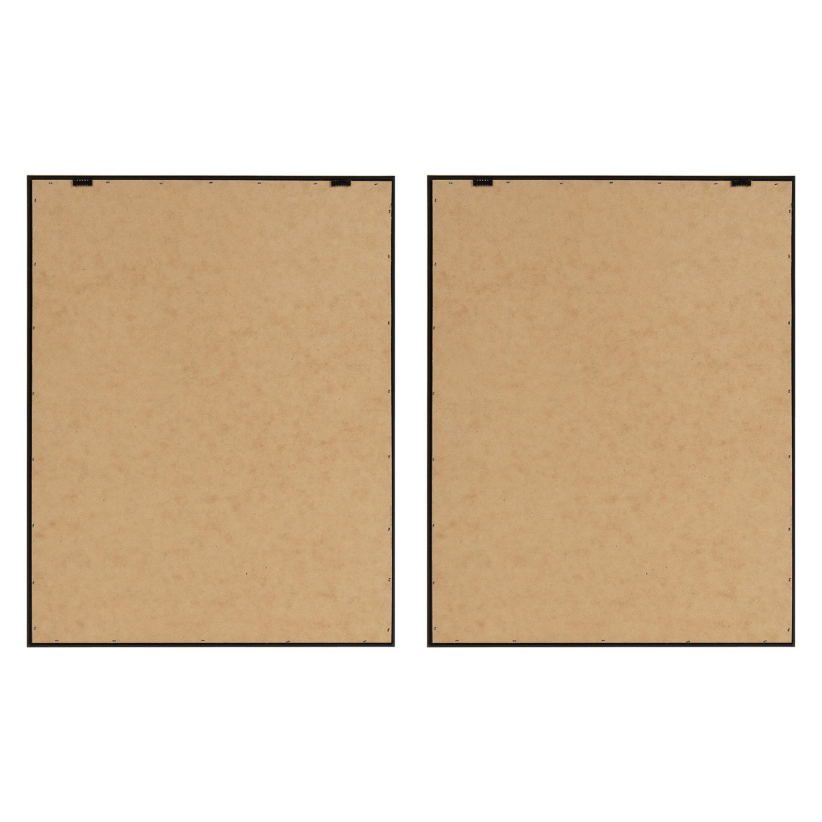 Back views of two framed canvas artworks side by side, each with brown paper backing and secured black corner tabs in a clean rectangular shape.
