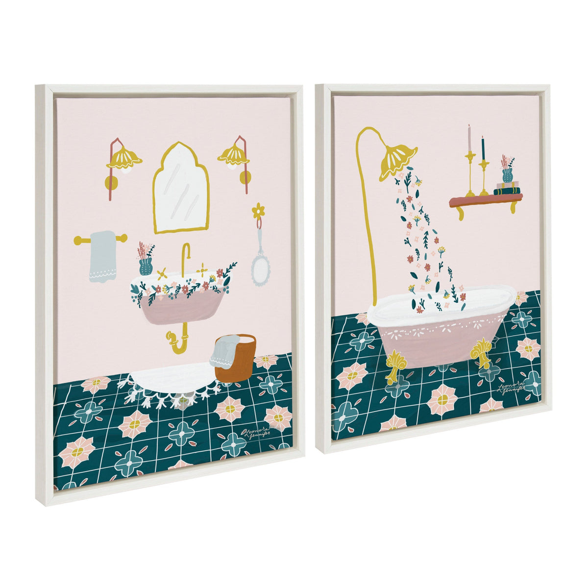 Sylvie Floral Sink and Floral Bath framed canvas art set showing floral bathroom scenes