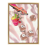 Top view of a hand with a blue ring holding a cue stick near four transparent billiard balls numbered 1, 7, and 8, beside a pink cocktail garnished with lemon, cherry, mint, and striped straws on a shiny pink surface.