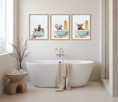 Sylvie Three Bear Cubs In Beach House Bath Framed Canvas by Amy Peterson
