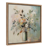 Framed canvas painting of a botanical arrangement with muted green, beige, and pastel pink leaves and flowers in a pale green vase, set against a soft blended background.