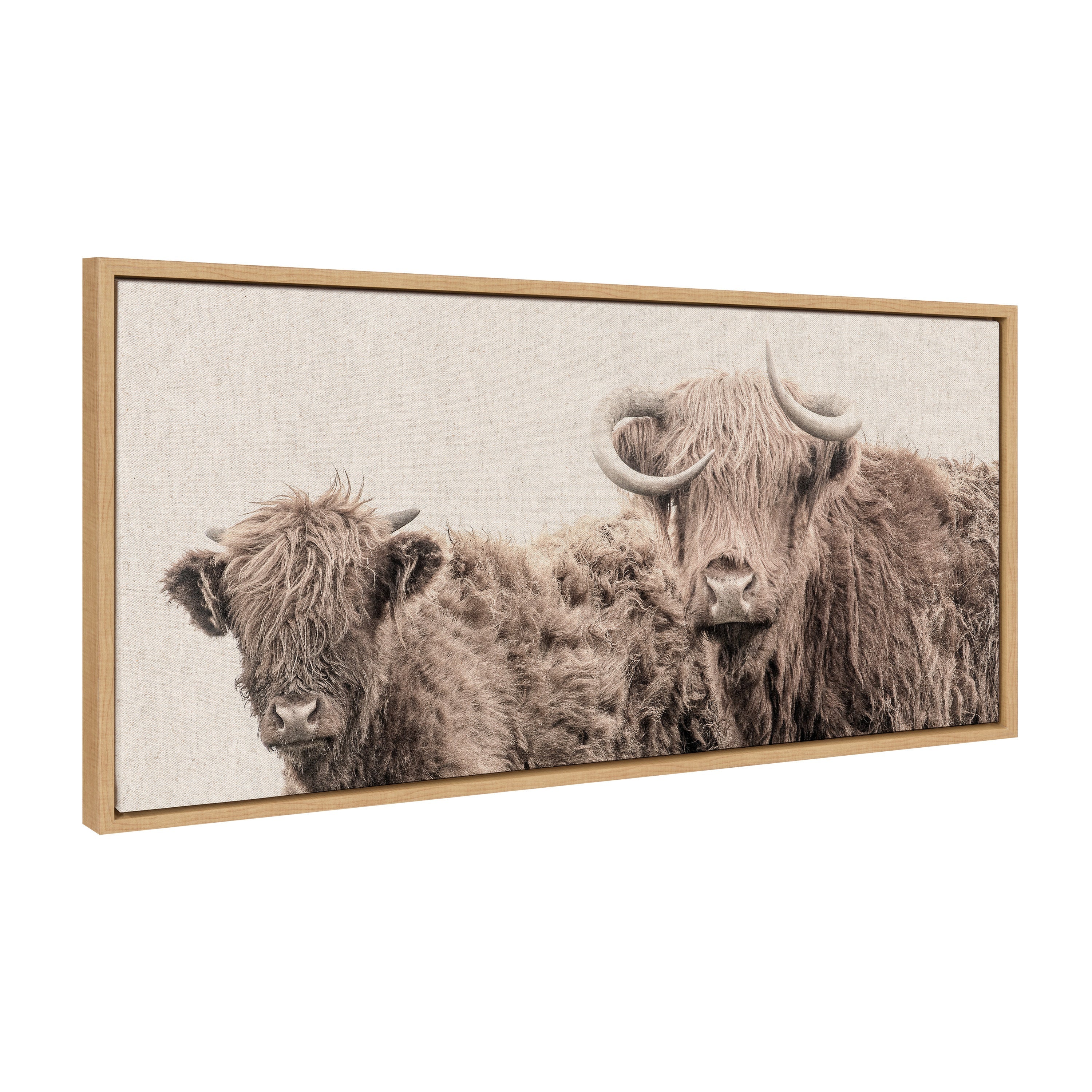 Framed canvas art of two Highland cows in neutral tones