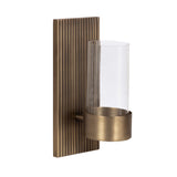 Antique brass wall sconce with vertically ribbed rectangular backplate and cylindrical clear glass shade.