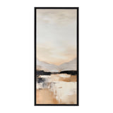 Abstract landscape painting with soft beige, tan, and gray tones blending into a serene horizon under a cloudy sky, framed in black.