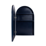 Navy blue arched cabinet with an open door revealing two internal shelves inside a curved-top frame