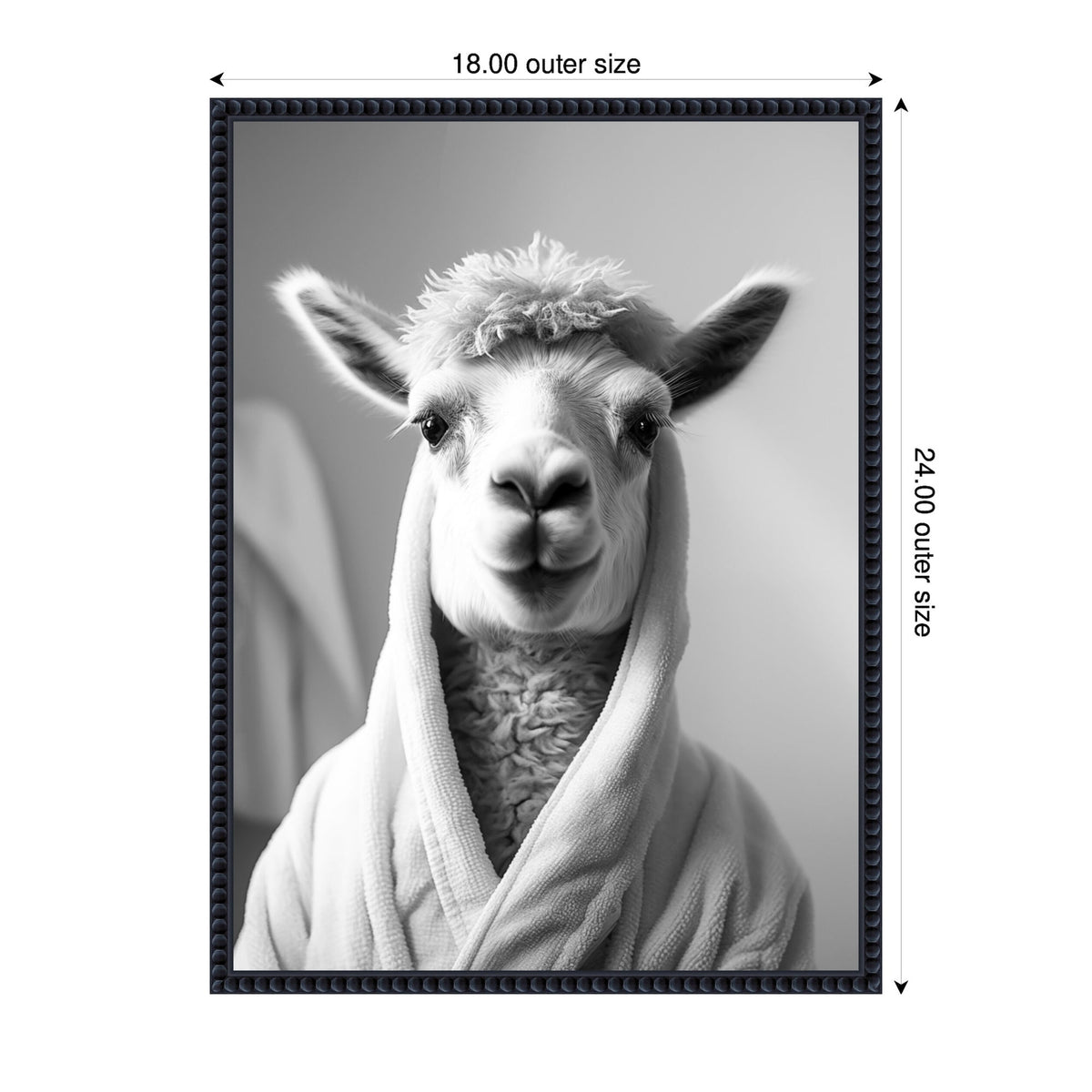 Black and white portrait of a llama wearing a bathrobe, centered with soft lighting and neutral background, framed with a dark ornate border