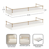 Two satin white floating shelves with decorative gold metal rails and metal wall brackets for mounting, dimensions labeled on upper shelf in inches.