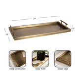 Rectangular metal tray with brass finish, raised edges, and two bar handles, measuring 24 by 10 inches with a 2.5-inch height edge.
