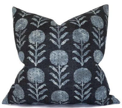 Zinnia Pillow Cover in Indigo Blue with floral design on linen fabric