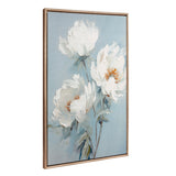 Framed canvas with three large white peonies featuring subtle orange centers, set against a soft ocean blue background with delicate green stems and leaves.