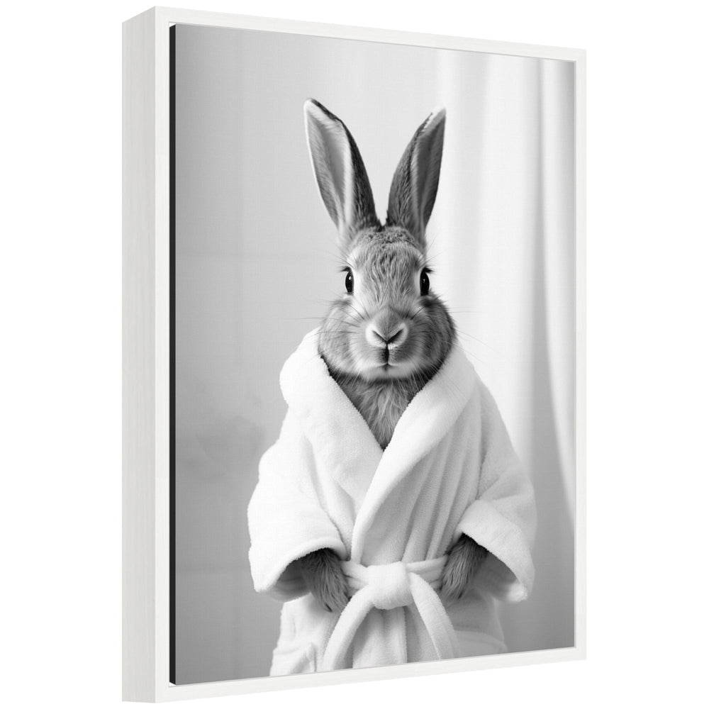 Black and white framed canvas art titled Sylvie Bunny Bathroom Art Towel Robe by The Creative Bunch Studio