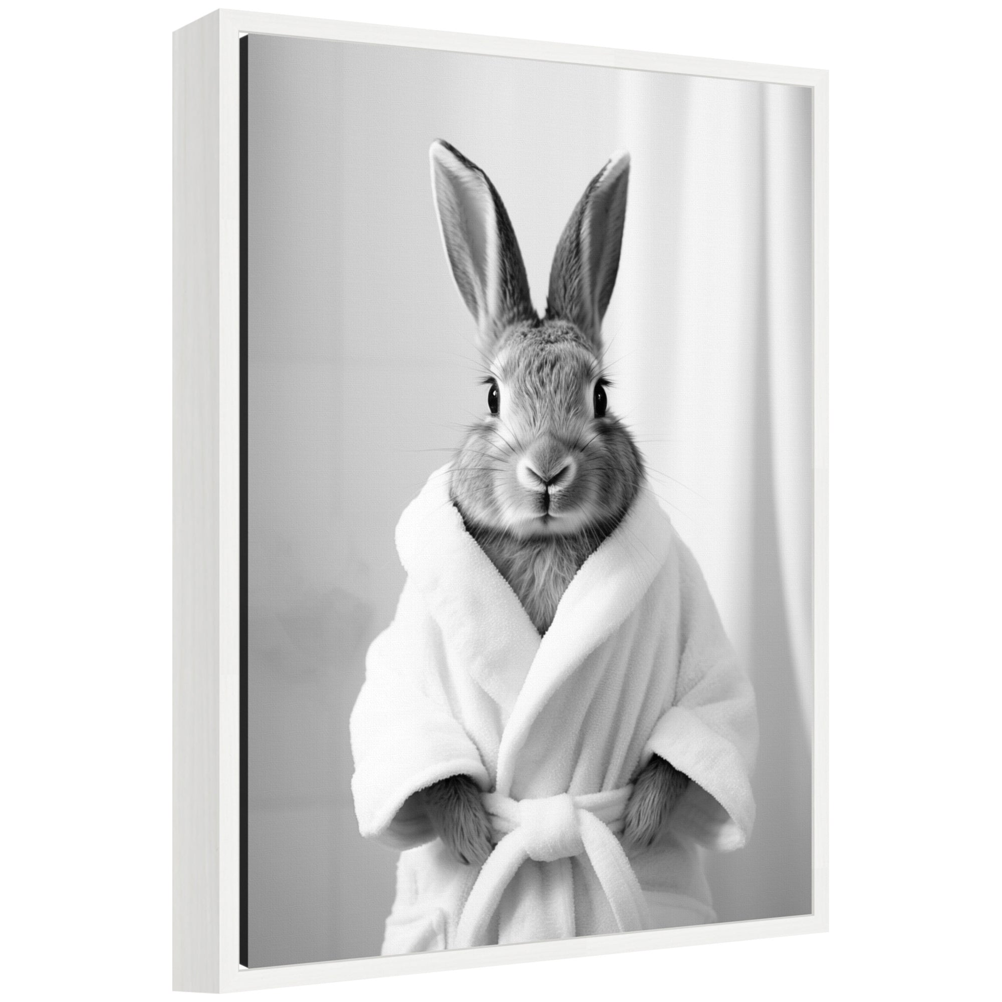 Black and white framed canvas art titled Sylvie Bunny Bathroom Art Towel Robe by The Creative Bunch Studio