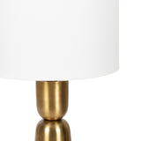 Table lamp with a smooth, brushed brass base composed of two stacked rounded shapes beneath a plain white cylindrical shade.