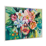 Framed canvas art 'She Thrived in the Overgrowth' showing a colorful floral portrait of a woman in a white vintage beaded frame