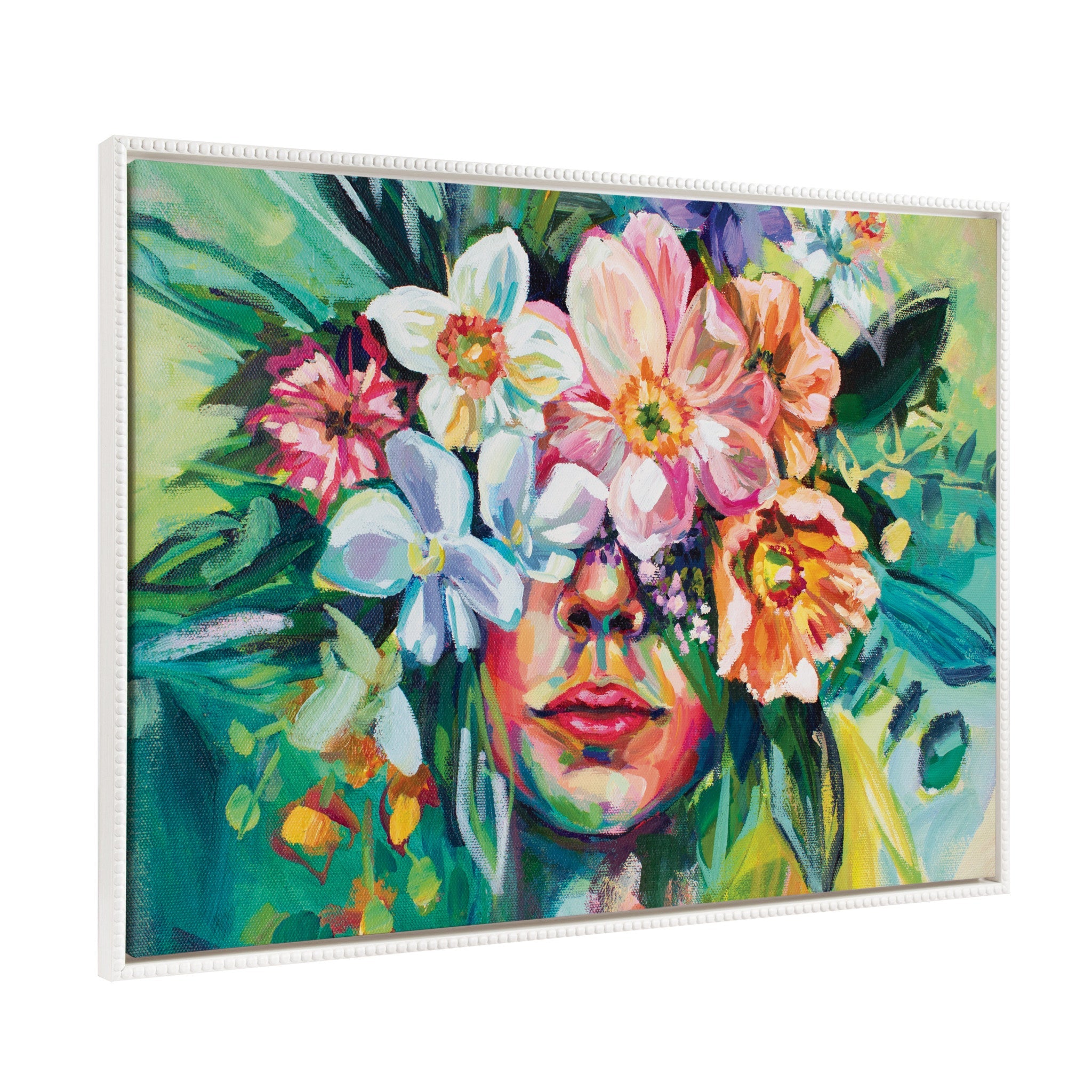 Framed canvas art 'She Thrived in the Overgrowth' showing a colorful floral portrait of a woman in a white vintage beaded frame