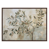 Abstract painting of an olive tree branch with green and brown leaves on a textured beige and light blue background, framed in a dark wooden frame.
