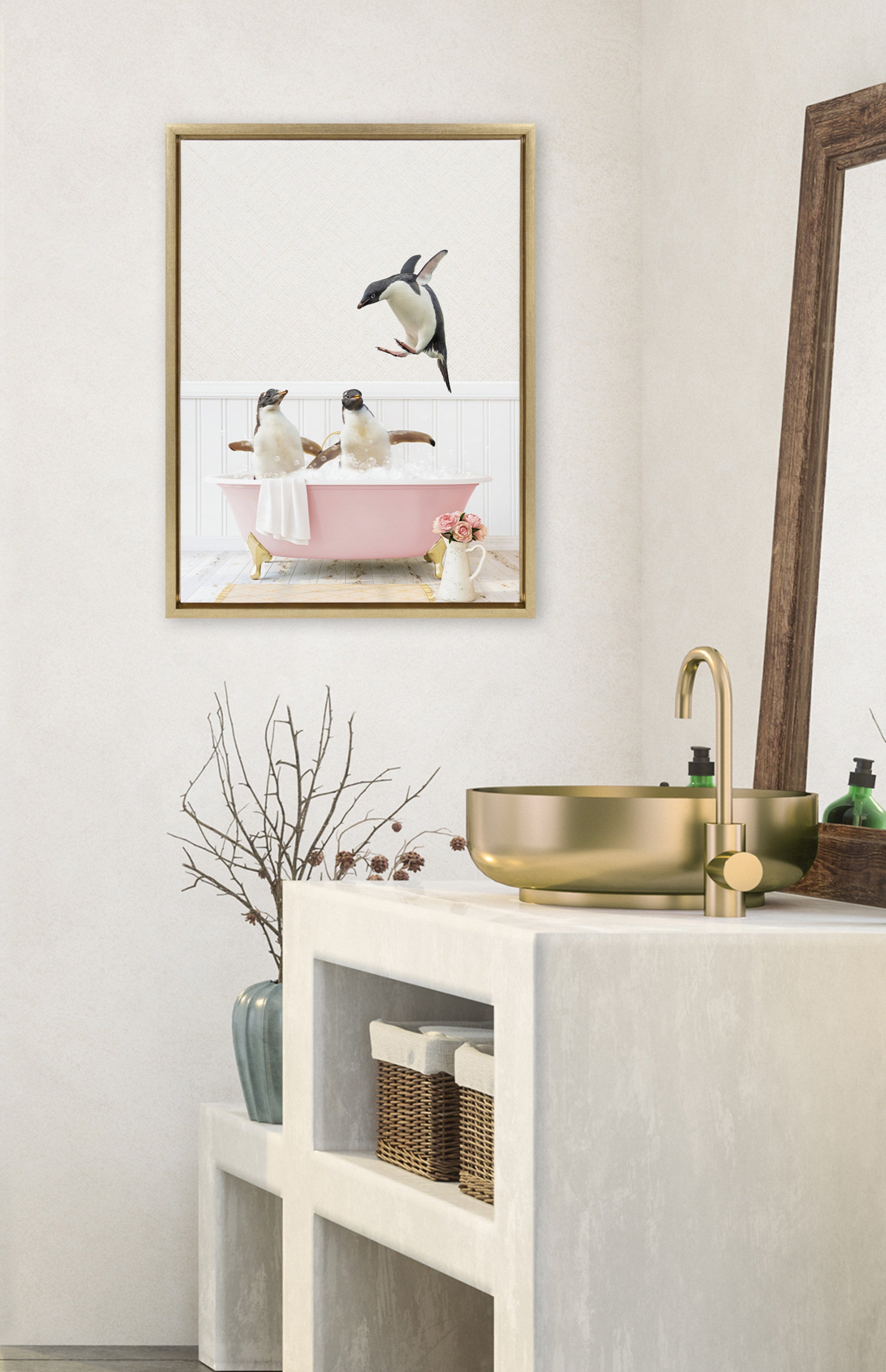 Sylvie Penguins Playing in Cottage Rose Bath Framed Canvas by kateandlaurel - product image 4 for Resin Society