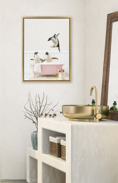 Sylvie Penguins Playing in Cottage Rose Bath Framed Canvas by kateandlaurel - product image 4 for Resin Society