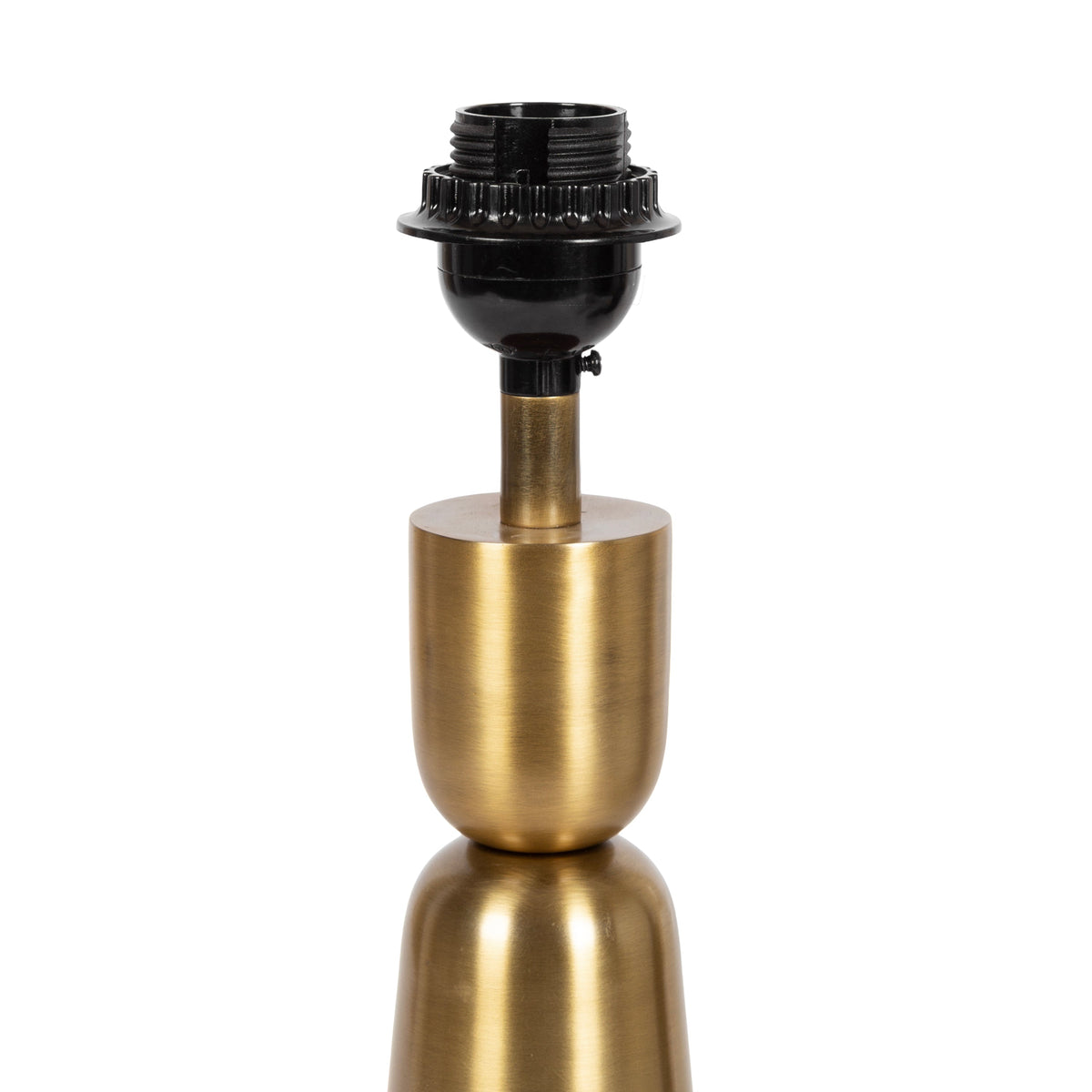 Brushed brass table lamp base with a rounded lower half and cylindrical neck, topped with a black socket for a light bulb.