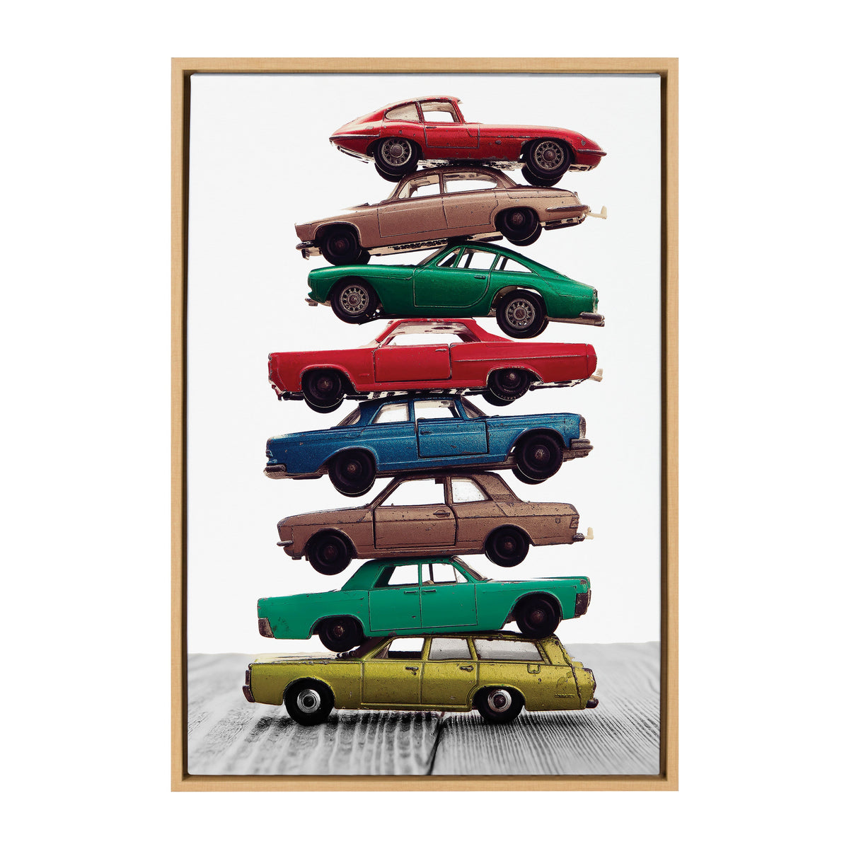 Vertical stack of eight vintage cars in various colors including red, green, blue, and yellow on a wooden surface with a white background.