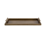 Rectangular decorative tray with a bronze-toned metal frame and matching handles, featuring a flat base and smooth edges.