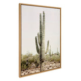Framed canvas art depicting a tall saguaro cactus in a desert landscape with muted beige and green tones, viewed from a side angle.