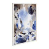 Abstract watercolor painting with blue, brown, and beige fish shapes swimming amid textured splashes and washes of similar colors, framed in white.