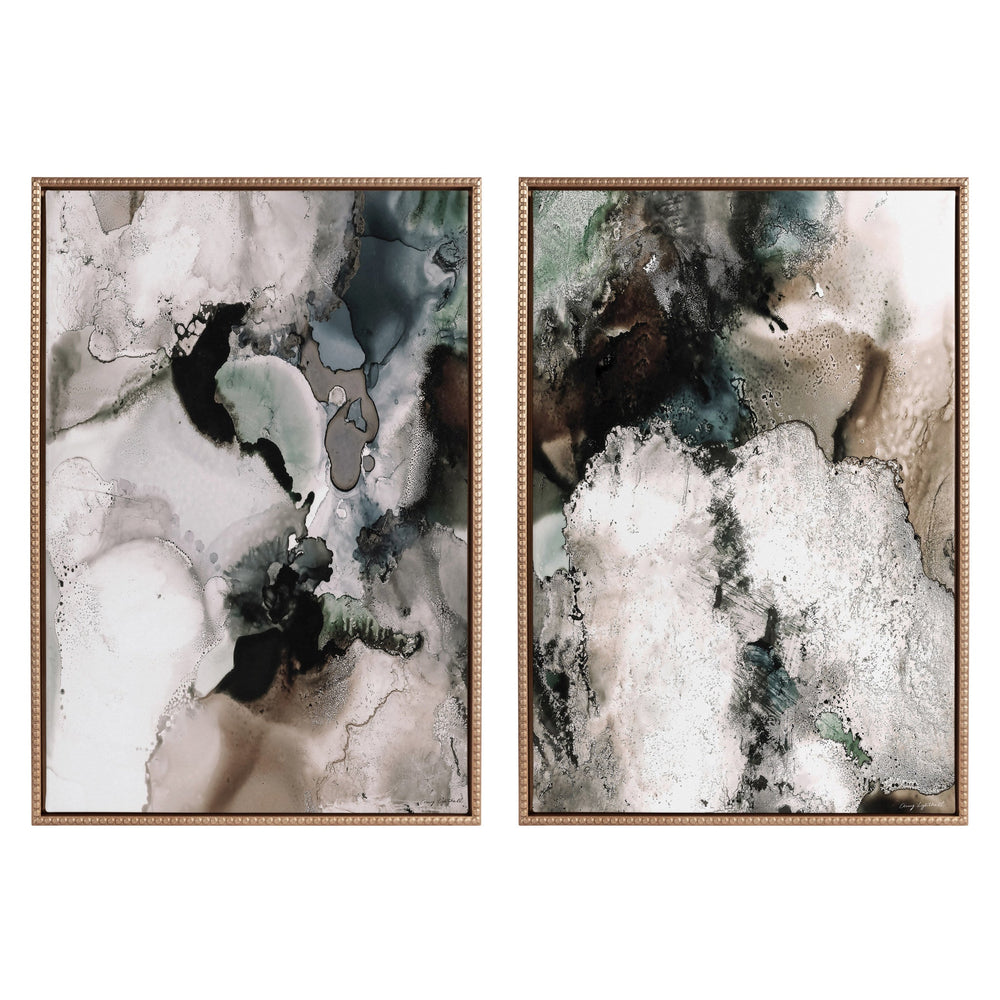 Sylvie Beaded Contour Flow I and II Framed Canvas Art Set on wall with gold beaded frames
