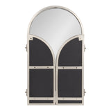 Tri-fold metal framed mirror with arched top and matte black panels on the lower sections, showing industrial-style rivet detailing and side hinges.