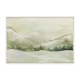 Softly painted winter landscape with pale green and beige hills, a cluster of dark green pine trees in the midground, and vague mountain silhouettes in the background framed in light wood.